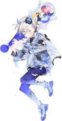  1girl akira_(kadokawa) animal_print bad_link blonde_hair blue_hair burnt_clothes club_(weapon) fake_horns full_body gradient_hair gradient_pantyhose horns jacket jean_bart_(kancolle) jean_bart_(setsubun)_(kancolle) kanabou kantai_collection multicolored_hair official_art one_eye_closed see-through_clothes see-through_jacket short_hair shorts solo spiked_club tiger_print transparent_background weapon white_shorts 