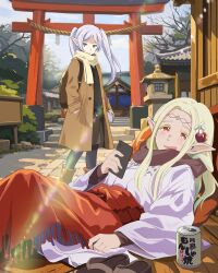  2girls alcohol backpack bag beer blonde_hair blue_eyes blue_sky boots brown_boots brown_jacket brown_scarf can cellphone commentary_request day dungeon_meshi elf frieren grey_hair hair_ornament hakama hakama_skirt highres holding holding_phone jacket japanese_clothes japanese_house kimono laika2slip marcille_donato multiple_girls open_mouth outdoors phone pointy_ears red_eyes red_hakama sandals scarf short_eyebrows sitting skirt sky sousou_no_frieren standing stone_lantern torii tree twintails white_kimono 