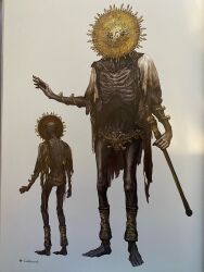  1boy bracelet cane cape colored_skin concept_art elden_ring emaciated facing_viewer from_behind gold_bracelet goldmask's_mask goldmask_(elden_ring) grey_skin highres jewelry leg_warmers loincloth male_focus mask multiple_views no_shoes official_art open_hand outstretched_arm screenshot solo standing torn_clothes white_background white_cape yellow_leg_warmers 