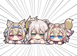  3girls ahoge animal_ears black_coat black_jacket blue_eyes blue_hair blush_stickers breasts coat commentary_request dog_ears dog_girl dog_tail dress fuwawa_abyssgard fuwawa_abyssgard_(1st_costume) grey_eyes grey_hair group_picture hairband highres hololive hololive_english jacket lion_ears lion_girl long_hair mococo_abyssgard mococo_abyssgard_(1st_costume) motion_lines multiple_girls pink_eyes pink_hair sabamiso_(tomomon021831) shishiro_botan short_hair shorts siblings simple_background sisters speed_lines spiked_hairband spikes tail twins two_side_up virtual_youtuber white_background white_dress white_shorts 