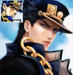  black_coat black_hair black_hat blue_eyes closed_mouth clouds coat collared_coat comic_panel_redraw commentary derivative_work english_commentary frown furrowed_brow hat highres jojo_no_kimyou_na_bouken kookirani kujo_jotaro looking_at_viewer open_clothes open_coat peaked_cap popped_collar portrait reference_inset short_sideburns sideburns sky stardust_crusaders 