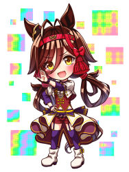 1girl animal_ears antenna_hair blush bodice boots breasts brown_hair chibi chibi_only choker commentary_request corset cropped_jacket full_body garter_straps hair_between_eyes headband highres horse_ears horse_girl horse_tail jacket long_hair long_sleeves looking_at_viewer medium_breasts midriff_peek navel no_reason_(umamusume) open_mouth overskirt pendant_choker purple_choker purple_garter_straps purple_thighhighs red_corset red_headband red_shorts shirt shorts smile solo star_(symbol) starting_future_(umamusume) sugimotty_nova tail thigh-highs umamusume umapyoi_densetsu white_boots white_jacket white_shirt wristband yellow_eyes 