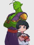  1boy 1girl antennae bald black_eyes black_hair colored_skin crossed_arms dragon_ball dragon_ball_super dragon_ball_super_super_hero fingerless_gloves gloves green_skin grey_background height_difference kemachiku namek pan_(dragon_ball) piccolo pointy_ears red_gloves shirt short_sleeves simple_background smile t-shirt 