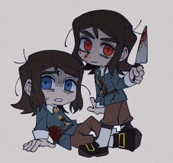  2boys abaddon_(haunted_hotel) blood blood_on_clothes blood_on_face blood_on_knife blood_on_weapon blue_coat blue_eyes brown_hair chibi coat commentary grey_background haunted_hotel highres holding holding_knife insidej043 knife long_hair looking_at_viewer looking_back male_focus multiple_boys priest's_son_(haunted_hotel) red_eyes shaded_face simple_background sitting slit_pupils symbol-only_commentary weapon 