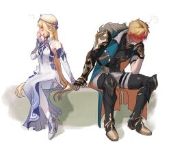  1boy 1girl aqua_jacket armor bare_shoulders beret black_gloves black_shirt blonde_hair blue_eyes blush breastplate detached_sleeves dress fingerless_gloves full-face_blush gauntlets genshin_impact gloves greaves hashtag-only_commentary hat hetero high_heels highres holding_hands jacket kkryatski leg_armor long_dress long_hair nicole_reeyn open_clothes open_jacket pants poleyn sabaton shirt short_hair single_gauntlet sitting thigh-highs varka_(genshin_impact) very_long_hair white_background white_dress white_hat white_pants white_sleeves white_thighhighs 