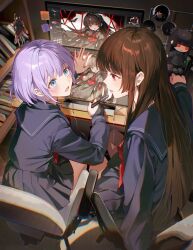  2girls absurdres badge bat_(animal) bdsm black_dress black_hair black_shirt black_skirt blue_eyes blush bondage book bookshelf bound brown_hair chair commentary_request computer desk doll dress earphones figure highres hime_cut holding holding_pen indoors label long_hair looking_at_another monitor multiple_girls necktie on_chair open_mouth original pen pixie_cut pong_(pong_o0) purple_hair red_eyes red_ribbon ribbon school_uniform shirt short_hair shy sitting skirt sweat tachi-e 