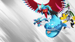  3d black_eyes blue_tongue bright_pupils claws colored_sclera colored_tongue commentary dondozo dragon english_commentary fang flutter_mane grey_hair highres holding holding_sword holding_weapon iron_hands_(pokemon) iron_valiant large_hands official_art open_mouth pink_eyes pokemon pokemon_(creature) pokemon_focus pokemon_sv rayman_limbs red_sclera roaring_moon robot sharp_teeth skin_fang slit_pupils smile sword tatsugiri tatsugiri_(curly) teeth third-party_source tongue ultimateinudog weapon white_pupils yellow_eyes 