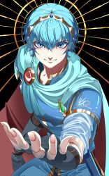  1boy black_background blue_eyes blue_hair closed_mouth commentary_request corn_(corn2352157) earrings fire_emblem fire_emblem:_mystery_of_the_emblem highres jewelry looking_at_viewer male_focus marth_(fire_emblem) multicolored_eyes offering_hand short_hair solo tiara 