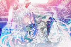  1boy architecture arknights blue_hair blue_streaks chinese_commentary colored_extremities crystal crystal_shards cupping_hands dragon_boy dragon_horns earrings east_asian_architecture eastern_dragon_horns green_hair green_hands green_streaks hair_between_eyes high_collar highres holding holding_crystal horns indoors jacket jewelry light_particles long_hair looking_at_object looking_down male_focus multicolored_hair own_hands_together parted_lips pink_eyes pink_streaks pointy_ears shirt smoke solo streaked_hair tassel tassel_earrings three-quarter_sleeves upper_body white_jacket white_shirt yecai_baozi yi_(arknights) zipper_pull_tab 