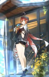  1girl absurdres ahoge back back_cutout bag bare_legs bespectacled bike_shorts black_shoes black_shorts blood blood_bag blue_eyes cape clothing_cutout collar crescent_pendant danjin_(wuthering_waves) dress earrings english_commentary from_behind full_body glasses highres holding holding_bag huge_ahoge jewelry legs long_sleeves looking_at_viewer looking_back median_furrow outdoors parted_lips pouch red_cape red_hair round_eyewear shoes short_dress short_hair shorts shoulder_cutout socks solo spindrift standing tacet_mark_(wuthering_waves) white_collar white_socks wuthering_waves 