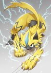  all_fours animal_focus blue_eyes claws electricity fang full_body kemonomichi_(blue_black) looking_at_viewer no_humans open_mouth pokemon pokemon_(creature) scratches solo zeraora 