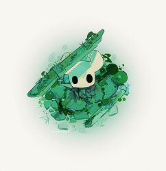  1other artist_name black_eyes chinese_commentary commentary_request film_grain from_above full_body halftone halftone_background highres hightguy hollow_knight knight_(hollow_knight) looking_at_viewer on_grass other_focus simple_background solid_eyes solid_oval_eyes solo sparkle standing 