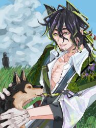  1boy 1other animal_ears arknights black_hair clouds doctor_(arknights) dog facial_hair gloves goatee grass green_eyes green_hair highres holding long_hair male_focus matsukiri_(arknights) multicolored_hair on_grass open_mouth outdoors pectoral_cleavage pectorals petting piliod9991 shirt sky smile stubble upper_body white_gloves 