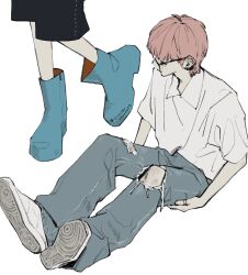  1boy aqua_boots black-framed_eyewear boots boynextdoor commentary denim ear_piercing facing_away fashion feet_up from_above full_body hand_on_own_thigh highres invisible_floor jeans jewelry jinjeocompote k-pop lower_body multiple_views oversized_clothes oversized_shirt pale_skin pants piercing pink_hair polo_shirt ring riwoo_(boynextdoor) rubber_boots shirt shoes short_hair simple_background sitting sneakers standing streetwear torn_clothes torn_jeans torn_pants twitter_username white_background white_shirt white_shoes 