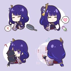  1girl ? anger_vein animal animalization black_bridal_gauntlets black_cat black_shrug blunt_bangs braid bridal_gauntlets cat cheek_squash closed_eyes closed_mouth electro_symbol_(genshin_impact) error_message facing_to_the_side fan_hair_ornament flying_sweatdrops frying_pan gem genshin_impact gold_trim hair_ornament hand_up hands_on_own_chest hashtag-only_commentary heart highres holding holding_animal holding_cat japanese_clothes kimono light_blush long_hair long_single_sidelock low-braided_long_hair low-tied_long_hair mitsudomoe_(shape) mole mole_under_eye multicolored_hair open_hand purple_gem purple_hair purple_kimono raiden_shogun scaramouche_(cat)_(genshin_impact) scaramouche_(genshin_impact) shrug_(clothing) smile solo spoken_heart spoken_x streaked_hair swept_bangs tassel tassel_hair_ornament tomoe_(symbol) vision_(genshin_impact) wide_sleeves youtho 