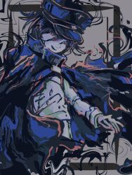  1boy black_cape black_hair cape commentary cowboy_shot danganronpa_(series) danganronpa_v3:_killing_harmony distortion flipped_hair grey_background hair_between_eyes hat highres long_sleeves looking_at_viewer male_focus medium_hair military_hat oma_kokichi peaked_cap phantoman purple_hair short_hair smirk surreal swirling violet_eyes 