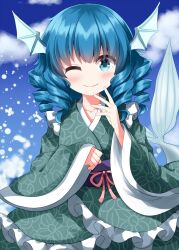  1girl blue_eyes blue_hair blush closed_mouth clouds commentary day drill_hair drill_sidelocks fins frilled_kimono frills hands_up head_fins highres japanese_clothes kimono long_sleeves looking_at_viewer medium_hair mermaid monster_girl obi outdoors purple_sash ruu_(tksymkw) sash sidelocks solo touhou upper_body wakasagihime wide_sleeves 