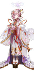  1girl absurdres angel_wings blue_archive blush cake cake_slice chinese_commentary closed_mouth commentary commentary_request feathered_wings floral_print floral_print_kimono food fork full_body gold_trim hair_ornament hairpin halo highres holding holding_fork incredibly_absurdres japanese_clothes jsscj kimono looking_at_viewer low_wings mika_(blue_archive) pink_hair pink_halo plate print_kimono simple_background smile socks solo strawberry_cake white_background white_kimono white_socks white_wings wings yellow_eyes 