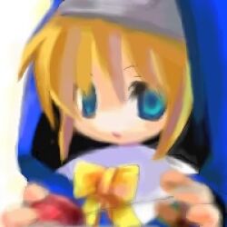  1boy artist_request bad_id blonde_hair blue_eyes bow bridget_(guilty_gear) chest_bow commentary_request guilty_gear guilty_gear_xx hair_between_eyes holding lowres male_focus no_nose open_mouth short_hair simple_background solo trap upper_body veil white_background yellow_bow yo-yo 