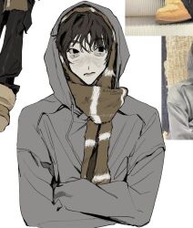  1boy :/ aegyo_sal black_eyes boynextdoor brown_hair brown_scarf closed_mouth commentary cropped_torso crossed_arms fur_scarf grey_hoodie highres hood hood_up hoodie jinjeocompote k-pop pale_skin photo-referenced reference_inset scarf sideways_glance sungho_(boynextdoor) two-tone_scarf wavy_hair white_background white_scarf wispy_bangs 