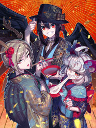  3girls :d ahoge alternate_costume anger_vein animal_realm_yakuza_(touhou) aqua_nails black_bow black_hair black_hat black_kimono black_wings blonde_hair blue_kimono bow chinese_zodiac commentary_request confetti cup dragon_horns eating fingernails flower food grey_hair grin hair_between_eyes hat hat_bow highres holding holding_cup holding_plate holding_smoking_pipe holding_spork horns japanese_clothes kicchou_yachie kimono kiseru kurokoma_saki long_sleeves looking_at_viewer mochi mochi_trail multiple_girls multiple_views orange_background plate print_kimono red_eyes red_flower red_nails sakazuki sharp_fingernails sharp_teeth short_hair smile smoking_pipe spork teeth textless_version touhou toutetsu_yuuma turtle_shell v-shaped_eyebrows wide_sleeves wings zounose 
