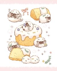  blueberry blush bow bubble cake commentary_request cup flower food fruit highres musical_note no_humans pokemon pokemon_(creature) ribbon sheep sparkle temariame14 twitter_username wooloo 