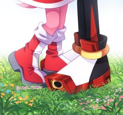  1boy 1girl amy_rose boots commentary couple dress english_commentary feet foot_focus hetero highres implied_kiss inked_whimsy on_grass red_boots red_dress shadow_the_hedgehog sonic_(series) standing 