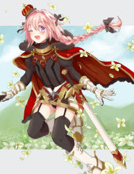  1boy androgynous armored_skirt astolfo_(fate) astolfo_(rider)_(fate) astolfo_(third_ascension)_(fate) black_bow black_garter_straps black_sweater black_thighhighs blush boots bow braid cape commentary crown english_commentary fang fate/apocrypha fate_(series) flower foot_out_of_frame full_body fur-trimmed_cape fur_trim garter_straps gauntlets gold_trim gorget hair_bow hair_intakes juliet_sleeves long_hair long_sleeves male_focus mikimanni mini_crown multicolored_hair official_alternate_costume one_eye_closed open_mouth pink_hair puffy_sleeves red_cape riding_boots scabbard sheath sheathed single_braid skin_fang smile solo spurs streaked_hair sweater sword thigh-highs two-sided_cape two-sided_fabric violet_eyes weapon white_boots white_cape white_flower white_hair zettai_ryouiki 