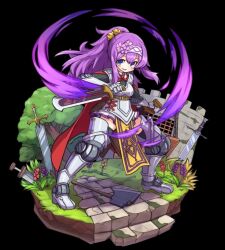  1girl armor axe bell black_background black_thighhighs blue_eyes blush breasts cloak dual_wielding flower full_body gauntlets greaves hair_between_eyes hair_flower hair_ornament hairband highres holding holding_sword holding_weapon lavender_(merc_storia) long_hair long_sleeves medium_breasts merc_storia merc_storia_art_team official_art open_mouth ponytail purple_hair red_cloak red_ribbon reverse_grip ribbon sidelocks simple_background smile solo standing sword tachi-e thigh-highs thighs tree weapon 