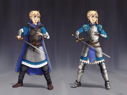  1girl absurdres ahoge alternate_costume armor armored_boots armored_dress artoria_pendragon_(fate) autumnarchfey blonde_hair blue_cape boots braid breasts brown_boots cape chainmail dress excalibur_(fate/stay_night) fate/stay_night fate_(series) gauntlets green_eyes hair_bun hair_ribbon highres holding holding_sword holding_weapon leather_armor long_sleeves ribbon saber_(fate) short_hair solo sword weapon 