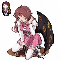  1girl akagami_0011 artist_name black_feathers black_wings breasts brown_eyes brown_hair commentary_request dress e.g.o_(project_moon) employee_(project_moon) falling_feathers feathers full_body game_screenshot_inset garter_straps gun handgun highres holding holding_gun holding_weapon in_the_name_of_love_and_hate_(e.g.o) lamp_(e.g.o) lobotomy_corporation long_hair magical_girl medium_breasts nugget_(project_moon) open_mouth pink_dress project_moon screenshot_inset simple_background sitting smile solemn_lament_(e.g.o) solo thigh-highs twitter_username weapon white_background white_thighhighs wings 