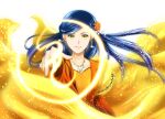  1girl bangs blue_hair blurry blurry_foreground closed_mouth collarbone dated dress earrings floating_hair flower hair_flower hair_ornament honzuki_no_gekokujou jewelry long_hair looking_at_viewer maine_(honzuki_no_gekokujou) necklace orange_dress orange_flower parted_bangs shiny shiny_hair simple_background solo twitter_username upper_body very_long_hair white_background yellow_eyes yuuko24 