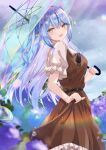  1girl absurdres blue_hair blurry blurry_background blurry_foreground blush brown_dress chromatic_aberration clothes_lift dress dress_lift dripping flower frilled_dress frills glint grey_sky hair_between_eyes highres holding holding_umbrella hololive light_blue_hair light_purple_hair light_rays looking_at_viewer multicolored_hair open_mouth outdoors over_shoulder pointy_ears pom_illust1561 puffy_sleeves purple_flower purple_hair rain sky solo transparent transparent_umbrella twintails two-tone_hair umbrella virtual_youtuber water_drop yellow_eyes yukihana_lamy 