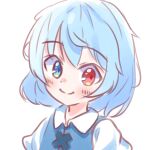  1girl bangs blue_eyes blue_hair closed_mouth cross-laced_clothes heterochromia highres karuthi looking_at_viewer red_eyes short_hair simple_background smile solo tatara_kogasa touhou upper_body white_background 