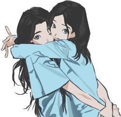  2girls arms_around_neck black_hair blue_shirt hair_over_one_eye hashtag-only_commentary highres hug illit iroha_(illit) k-pop long_hair long_sleeves looking_at_viewer loose_hair_strand medium_hair multiple_girls parted_bangs real_life shirt shiruanyways short_sleeves simple_background upper_body white_background wonhee_(illit) yuri 