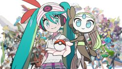  6+boys 6+girls altaria beanie blue_eyes blue_hair blurry blurry_background closed_mouth collared_shirt commentary_request flygon galarian_farfetch'd green_hair grey_skirt hat hatsune_miku headphones highres holding holding_poke_ball jigglypuff jirachi kricketune lapras long_hair meloetta mismagius multicolored_hair multiple_boys multiple_girls official_alternate_costume official_art poke_ball pokemon pokemon_(creature) project_voltage rotom shirt short_sleeves skeledirge skirt standing twintails very_long_hair vocaloid white_background white_hat white_shirt 