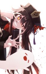  1girl absurdres black_nails boo_tao_(genshin_impact) brown_hair chinese_commentary commentary_request flower flower-shaped_pupils genshin_impact ghost grin hair_between_eyes hat hat_tassel highres hu_tao_(genshin_impact) jewelry korean_commentary long_hair long_sleeves looking_at_viewer mixed-language_commentary multiple_rings plum_blossoms ring ryeong simple_background smile solo symbol-shaped_pupils twitter_username white_background wide_sleeves 