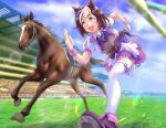  1girl absurdres animal_ears blurry blurry_background cheesecake_(artist) commentary_request creature_and_personification grass highres horse horse_ears horse_girl horse_tail looking_to_the_side racetrack real_life running sky special_week_(racehorse) special_week_(umamusume) sweat tail thigh-highs umamusume violet_eyes 