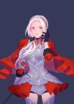  1girl axe cape closed_mouth edelgard_von_hresvelg fire_emblem fire_emblem:_three_houses fire_emblem_warriors:_three_hopes gloves hair_ornament hair_ribbon highres long_hair looking_at_viewer official_alternate_costume official_alternate_hairstyle red_cape ribbon saphirya simple_background solo violet_eyes white_hair 