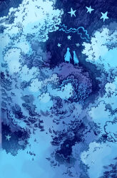  absurdres blue_background blue_clouds blue_sky blue_theme cloud_focus clouds cloudy_sky commentary cumulonimbus_cloud english_commentary fantasy hatching_(texture) highres maria_capelle_frantz monochrome nature night on_cloud original outdoors scenery silhouette sky standing star_(sky) star_(symbol) starry_sky 