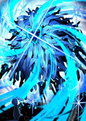  2others :d arms_up blue_aura blue_hair blue_star eldritch_abomination employee_(project_moon) heart heart-shaped_eyes highres legs lobotomy_corporation multiple_others nugget_(project_moon) project_moon sabaage smile sparkle standing 