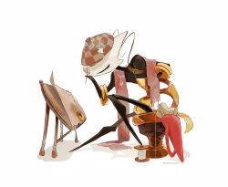  1girl antennae arthropod_girl artist_name bag belt belt_buckle ben-day_dots black_eyes brown_belt brown_hat buckle chakram character_pin checkered_hat commentary film_grain from_side full_body hat highres hightguy holding holding_quill hollow_knight hollow_knight:_silksong hornet_(hollow_knight) knight_(hollow_knight) map quill red_bag red_scarf scarf screentones scroll shadow shakra_(hollow_knight) shoulder_bag shoulder_belt simple_background sitting solo spool symbol-only_commentary thread unworn_bag weapon white_background 