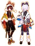  2boys animal_hat braid brown_hair clothing_request crop_top full_body grey_eyes hat highres juexing_(moemoe3345) long_sleeves looking_at_viewer male_focus matching_outfit multiple_boys original pants red_eyes shoes short_hair white_background white_hair 