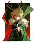  1girl antlers blonde_hair border cape china_dress chinese_clothes commentary dress fingernails fur-trimmed_cape fur_trim green_cape green_dress hair_between_eyes highres kicchou_yachie long_fingernails looking_at_viewer nail_polish parted_lips red_eyes red_nails sharp_fingernails short_hair smile solo teeth tokinhr touhou tsurime upper_body white_border 
