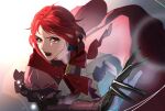 1girl artist_request book breasts dress fire_emblem fire_emblem:_three_houses fire_emblem_warriors:_three_hopes gloves hair_bun hair_ornament highres long_hair long_sleeves looking_at_viewer magic monica_von_ochs official_alternate_costume official_alternate_hairstyle open_mouth red_eyes redhead short_hair simple_background solo upper_body 