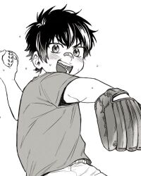  1boy ace_of_diamond aged_down aziki_0708 ball bandaid bandaid_on_face bandaid_on_nose baseball_(object) baseball_mitt blush child commentary_request holding holding_ball male_focus open_mouth sawamura_eijun shirt short_hair simple_background solo white_background 