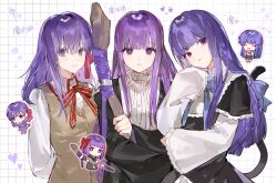  4girls ^_^ black_robe blue_bow blue_bowtie bow bowtie bright_pupils brown_vest cat_tail chibi chibi_inset chinese_commentary closed_eyes closed_mouth collared_shirt color_connection commentary_request crossover eye_color_connection fate/stay_night fate/zero fate_(series) fern_(sousou_no_frieren) frederica_bernkastel furude_rika grid_background hair_bow hair_color_connection hair_ribbon heart highres higurashi_no_naku_koro_ni holding holding_staff homurabara_academy_school_uniform in-franchise_crossover long_hair looking_at_viewer mage_staff matou_sakura multiple_crossover multiple_girls neck_ribbon purple_hair purple_ribbon red_bow red_ribbon ribbon robe school_uniform shirt sleeves_past_fingers sleeves_past_wrists sousou_no_frieren sparkle staff tail trait_connection translated umineko_no_naku_koro_ni upper_body vest violet_eyes white_shirt yoru_(yorusumire) 