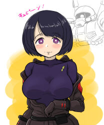  1girl 8zm belt black_hair blush bob_cut breasts cable commentary_request gundam gundam_gquuuuuux highres hizack in-franchise_crossover large_breasts looking_at_viewer mecha mecha_pilot_suit military_rank_insignia mobile_suit normal_suit_(gundam) one-eyed robot science_fiction shiiko_sugai sketch spacesuit titans_(gundam) translation_request undressing violet_eyes zeta_gundam 