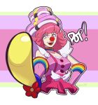  1girl absurdres ace_attorney balloon_flower balloon_sword bangs breasts choker clown_nose english_text flower geiru_toneido gloves grey_eyes hand_on_hip highres long_hair medium_breasts multicolored_clothes open_mouth outline phoenix_wright:_ace_attorney_-_spirit_of_justice pink_gloves pink_hair rainbow red_flower shadow shoulder_pads signature simple_background solo sound_effects suspenders upper_body vampaniki white_outline 