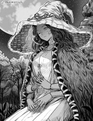  1girl breasts cloak commentary cracked_skin doll_joints dress elden_ring extra_arms extra_faces full_moon fur_cloak hat highres joints large_hat long_dress medium_breasts medium_hair moon one_eye_closed ranni_the_witch seveninks sitting sky solo star_(sky) starry_sky steepled_fingers tree twitter_username wavy_hair witch_hat 